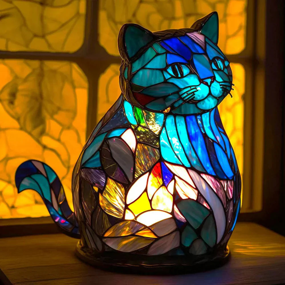 Lampe Décorative Tête de Loup en Verre Coloré Style Vitrail pour Maison Lamp Electro Paris Chat 15 cm