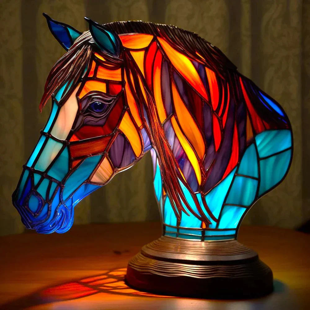 Lampe Décorative Tête de Loup en Verre Coloré Style Vitrail pour Maison Lamp Electro Paris Cheval 15 cm