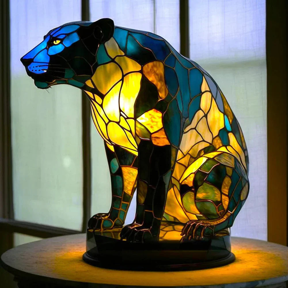 Lampe Décorative Tête de Loup en Verre Coloré Style Vitrail pour Maison Lamp Electro Paris Léopard 15 cm