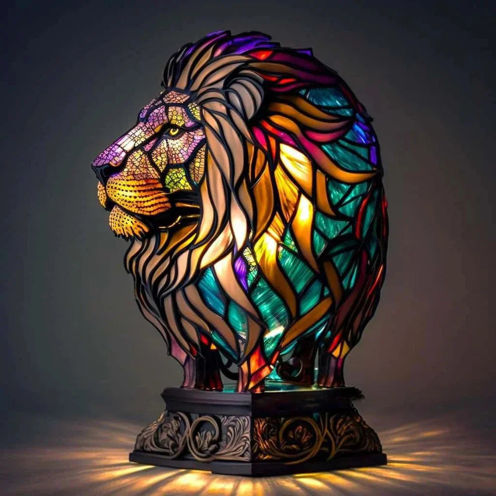 Lampe Décorative Tête de Loup en Verre Coloré Style Vitrail pour Maison Lamp Electro Paris Lion 15 cm