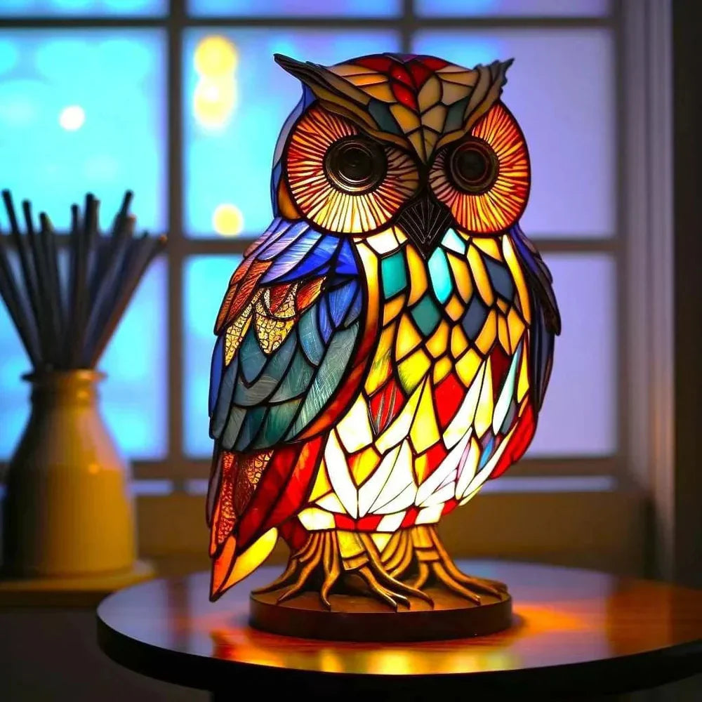 Lampe Décorative Tête de Loup en Verre Coloré Style Vitrail pour Maison Lamp Electro Paris Hibou 15 cm