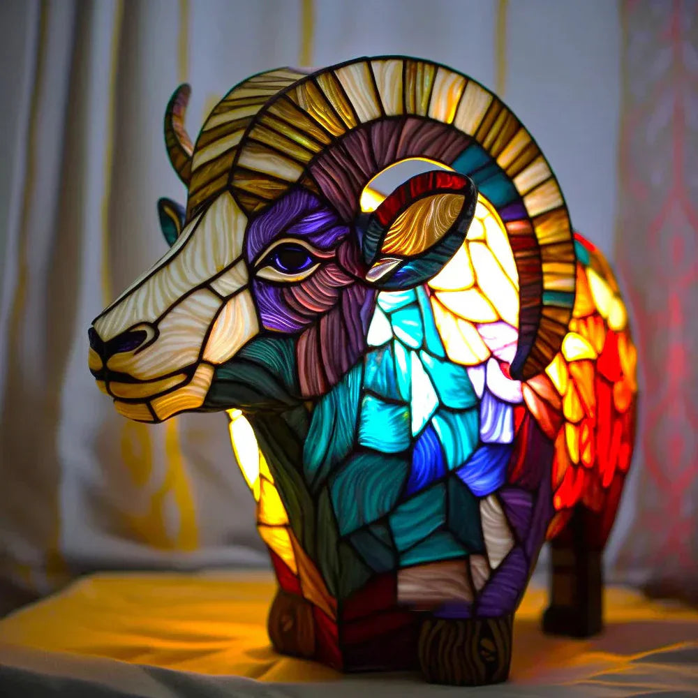 Lampe Décorative Tête de Loup en Verre Coloré Style Vitrail pour Maison Lamp Electro Paris Mouton 15 cm