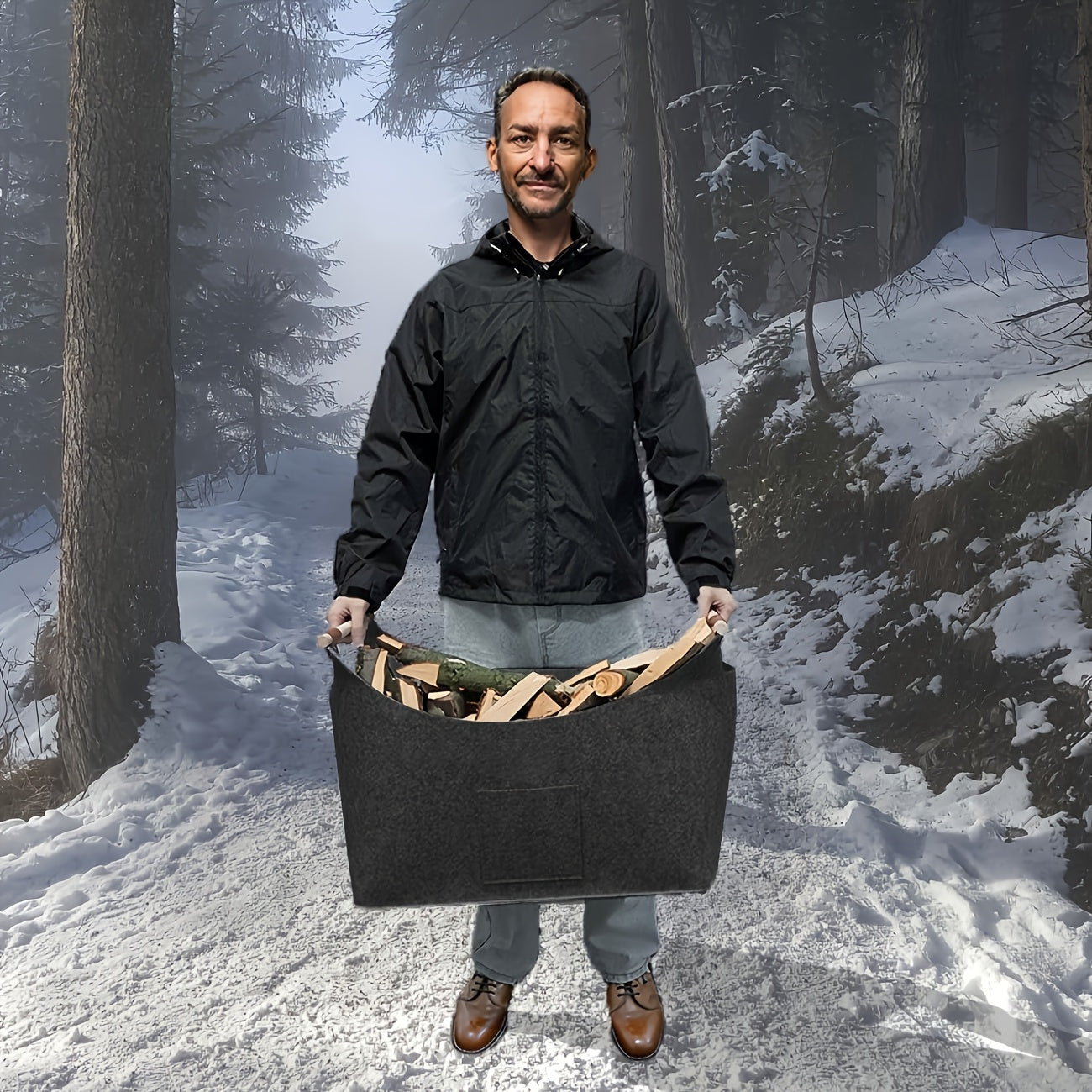 Panier à Bois Pliable – Poignée en Bois Élégante avec Accents en Cuir Home Electro Paris