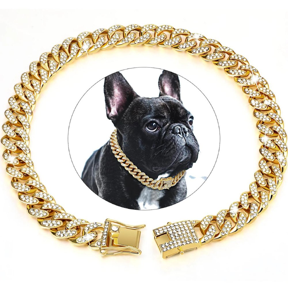 Collier de Chien Doré – Accessoire de Luxe avec Diamants en Zircone Étincelants Dog Gold Chain Collar Electro Paris