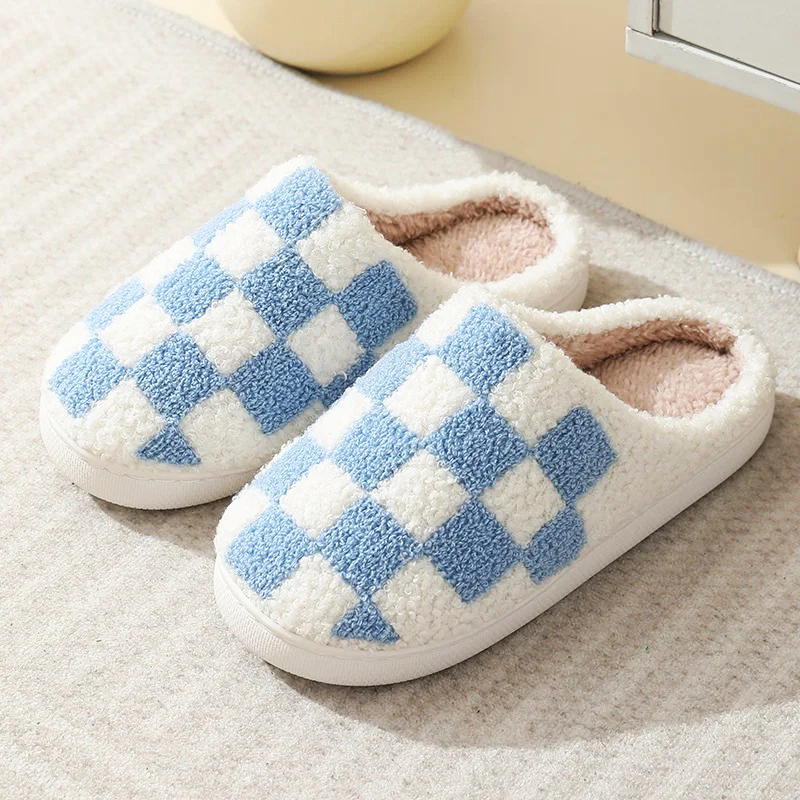 Chaussons En Peluche Ultra-Doux Avec Motif À Carreaux Pour Un Confort Chaleureux À La Maison Slippers Electro Paris Bleu clair 35