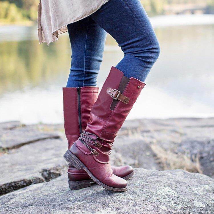 Bottes Vintage en Cuir pour Femme avec Fermeture Éclair Latérale Boots Electro Paris Vin rouge 35