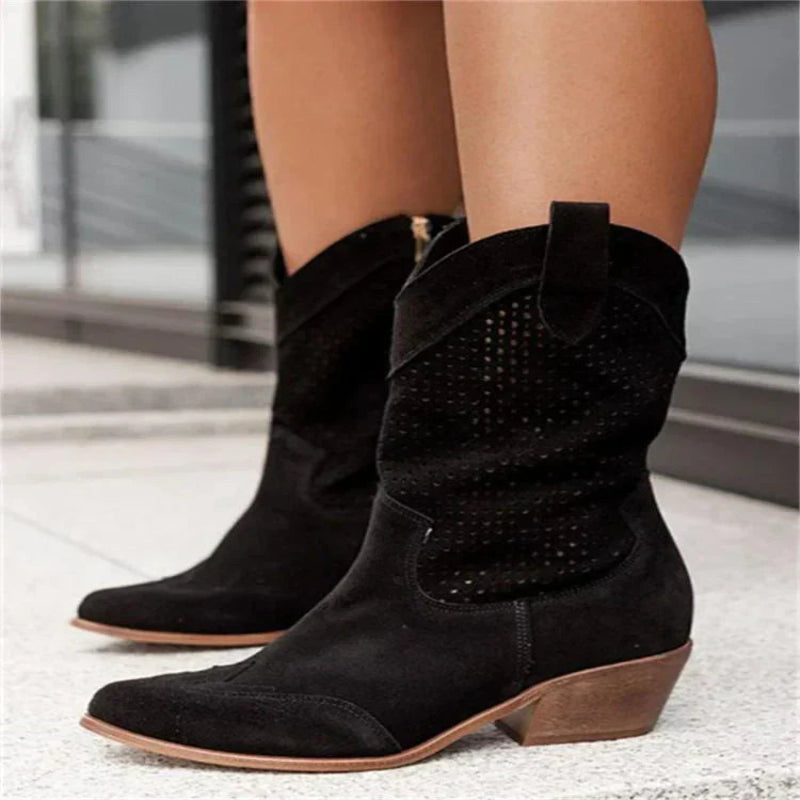 Bottes En Cuir Perforé Style Western Pour Femme – Élégance et Confort Au Quotidien Shoes for Women Electro Paris Noir 35