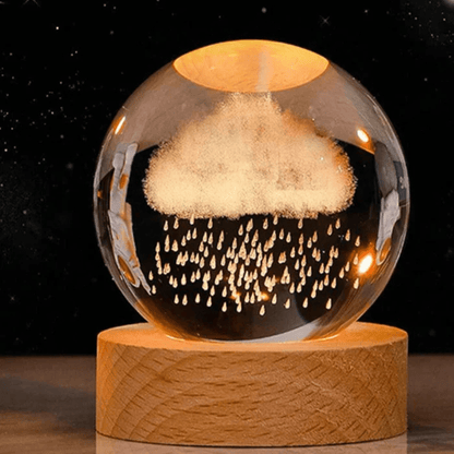 Sphère Lumineuse Décorative en Verre – Design Gravé sur Socle en Bois Naturel Decoration Electro Paris Nuage de pluie
