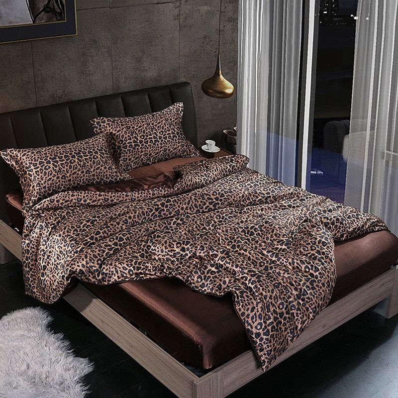 Ensemble De Literie 4 Pièces En Soie Satin Avec Housse De Couette Drap Et 2 Taies D’Oreiller Black Friday Deal Bedding Electro Paris Léopard Drap housse 150 cm + drap housse 200 x 230 cm + 2 taies d'oreiller