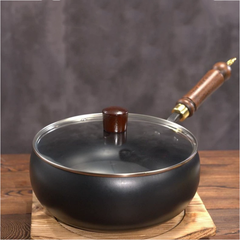 Friteuse En Fonte Épaissie Pour Cuisson Homogène, Polyvalente Et Haute Performance En Cuisine Wok pan Electro Paris Avec couvercle en verre 24cm