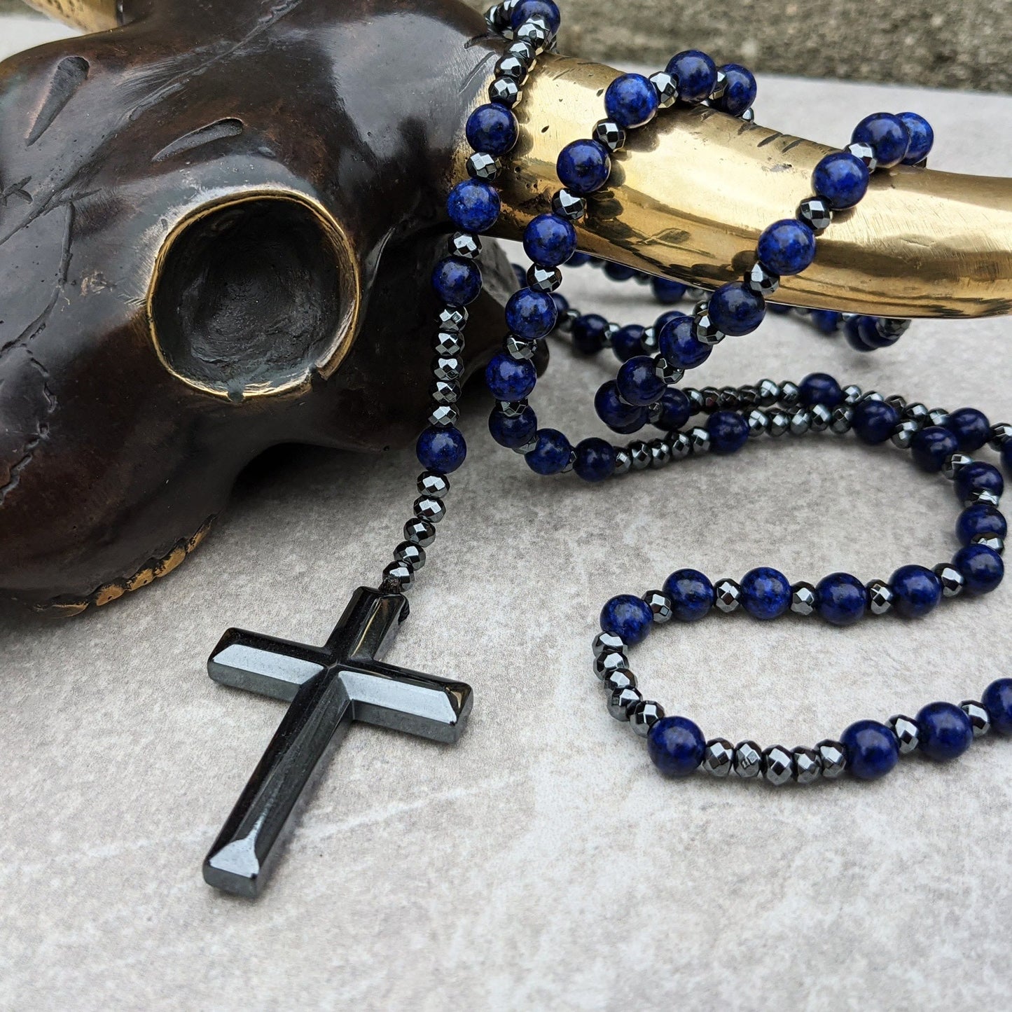 Collier Croix Et Perles En Œil De Tigre Et Lapis Lazuli Pour Homme Avec Signification Spirituelle Jewelry Electro Paris Lapis-lazuli