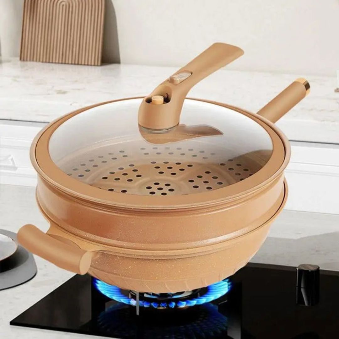 Wok en Fonte Polyvalent Pour Cuisson Rapide, Saine Et Pleine De Saveurs Avec Panier Vapeur Iron Wok Cooking Pro Electro Paris