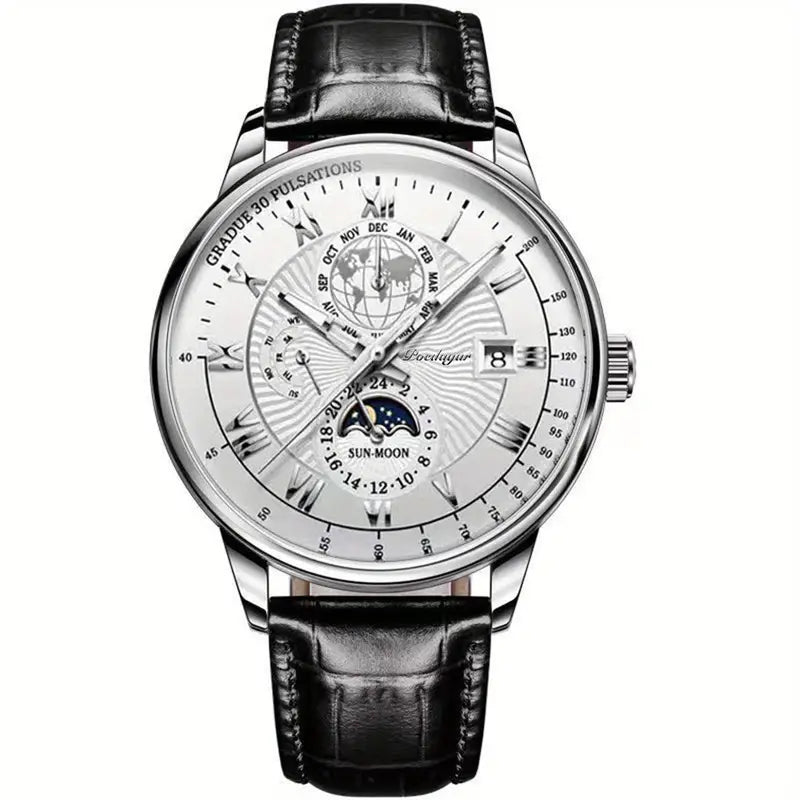 Montre Mécanique De Luxe Pour Homme Avec Cadran Saphir Et Complication Phase De Lune Men's watch Electro Paris Blanc Argent Noir