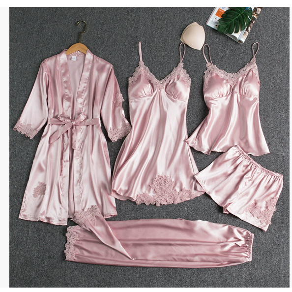 Ensemble De Pyjama Satiné Pour Femmes Avec 5 Pièces Et Chaussons Loungewear Set Electro Paris Rosa XS