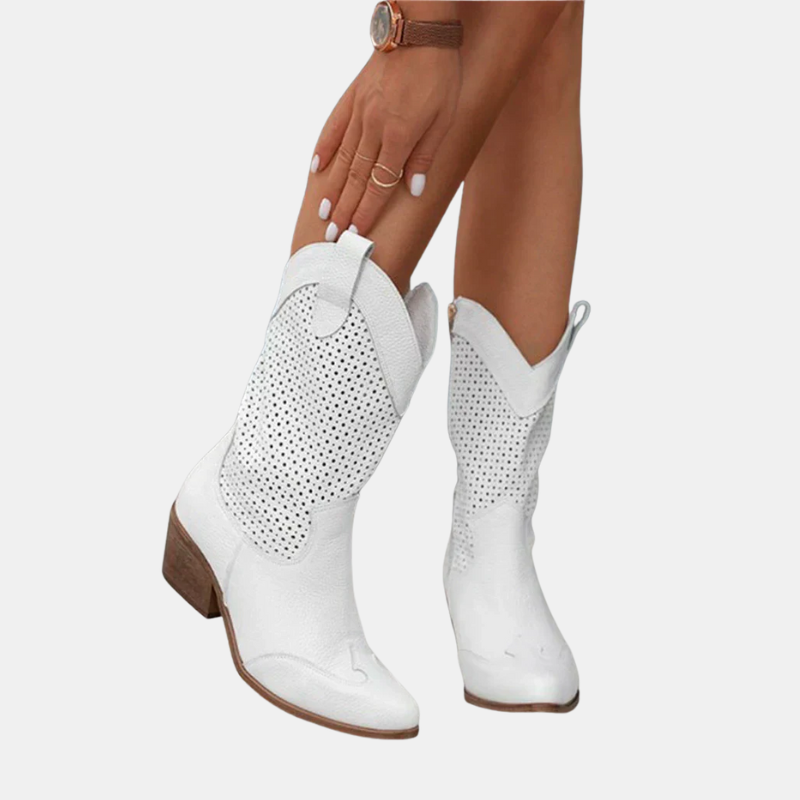 Bottes En Cuir Perforé Style Western Pour Femme – Élégance et Confort Au Quotidien Shoes for Women Electro Paris Blanc 35