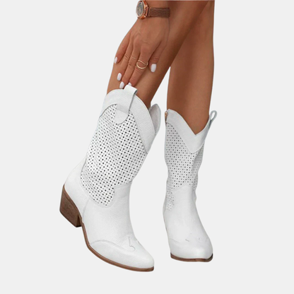 Bottes En Cuir Perforé Style Western Pour Femme – Élégance et Confort Au Quotidien Shoes for Women Electro Paris Blanc 35