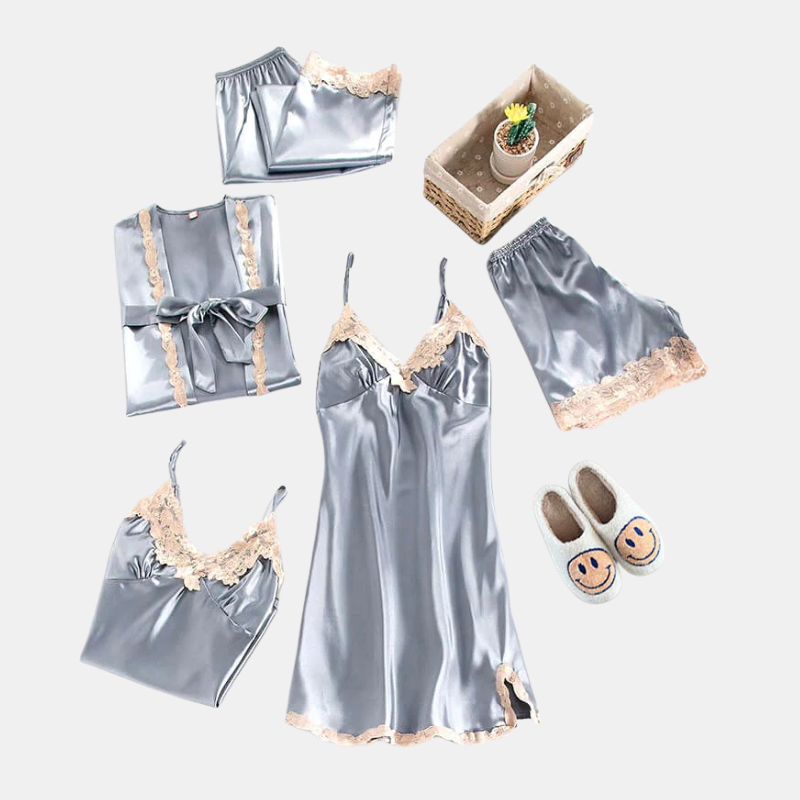 Ensemble De Pyjama Satiné Pour Femmes Avec 5 Pièces Et Chaussons Loungewear Set Electro Paris Gris clair XS