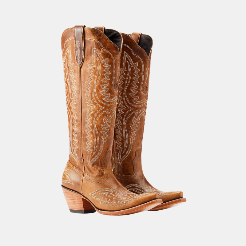 Bottes Western Style Cowgirl En Cuir Pleine Fleur Avec Fermeture Zippée Intérieure Et Talon Confortable Women Boots Electro Paris Marron jaune 35