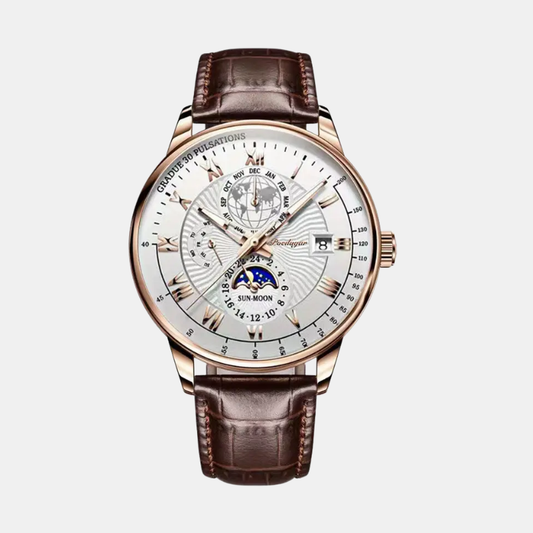 Montre Mécanique De Luxe Pour Homme Avec Cadran Saphir Et Complication Phase De Lune Men's watch Electro Paris Blanc Or Marron