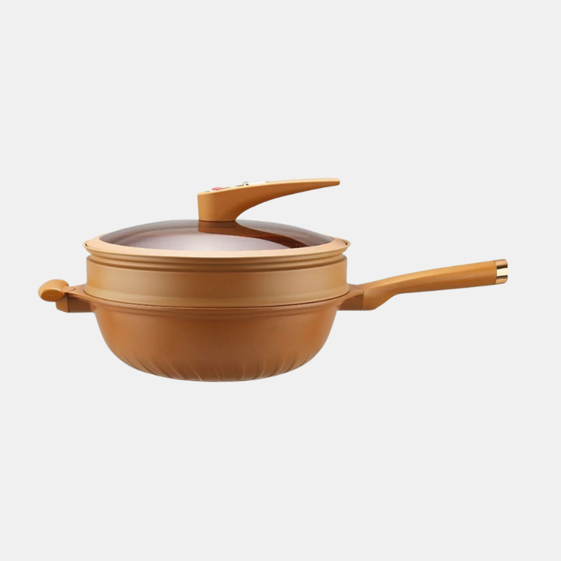 Wok en Fonte Polyvalent Pour Cuisson Rapide, Saine Et Pleine De Saveurs Avec Panier Vapeur Iron Wok Cooking Pro Electro Paris Bronze