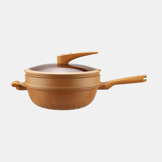 Wok en Fonte Polyvalent Pour Cuisson Rapide, Saine Et Pleine De Saveurs Avec Panier Vapeur Iron Wok Cooking Pro Electro Paris Bronze