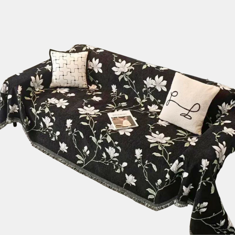 Housse de Canapé – Housse Élégante à Motifs Floraux Vintage avec Finition à Franges Sofa Cover Electro Paris Fleur de minuit 180x130cm