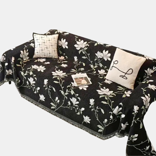 Housse de Canapé – Housse Élégante à Motifs Floraux Vintage avec Finition à Franges Sofa Cover Electro Paris Fleur de minuit 180x130cm