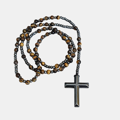 Collier Croix Et Perles En Œil De Tigre Et Lapis Lazuli Pour Homme Avec Signification Spirituelle Jewelry Electro Paris Tigerauge