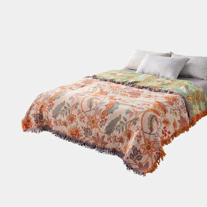 Couverture Bohème en Coton – Motif Floral avec Franges pour Salon ou Chambre Blankets Electro Paris Orange 150x200cm